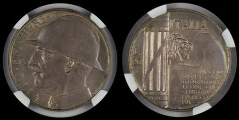 Italy 1928R 20 LIRE NGC AU58