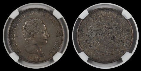 Italian States SARDINIA 1829 EAGLE L 5 LIRA NGC XF40