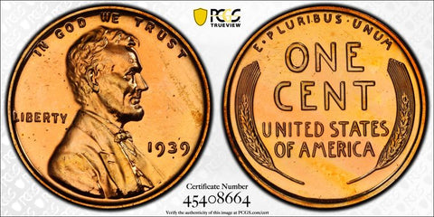 1939 LINCOLN CENT PCGS PR65RD