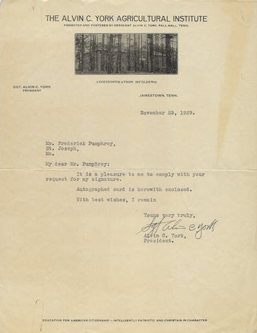 Alvin York Signed Typed Letter
