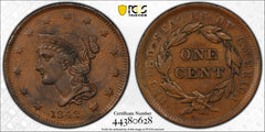 1842 LARGE CENT N-2 SMALL DATE PCGS AU50