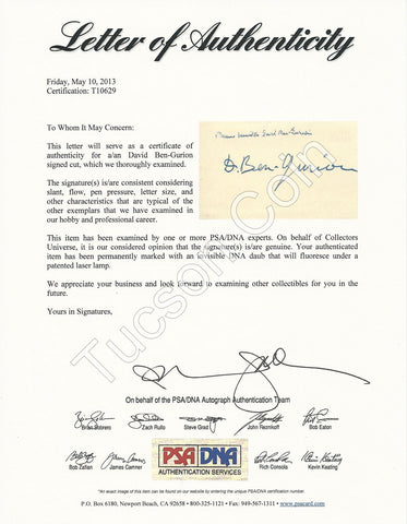 Ben-Gurion, David signed cuts in English and Hebrew COA from PSA-DNA