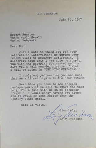 Leif Erickson Typed Signed Letter