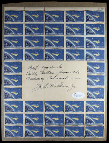 John Glenn Signed Cut, & Sheet of Project Mercury Stamps